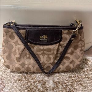 Coach Khaki & Brown Signature Canvas Wristlet with Gold Hardware